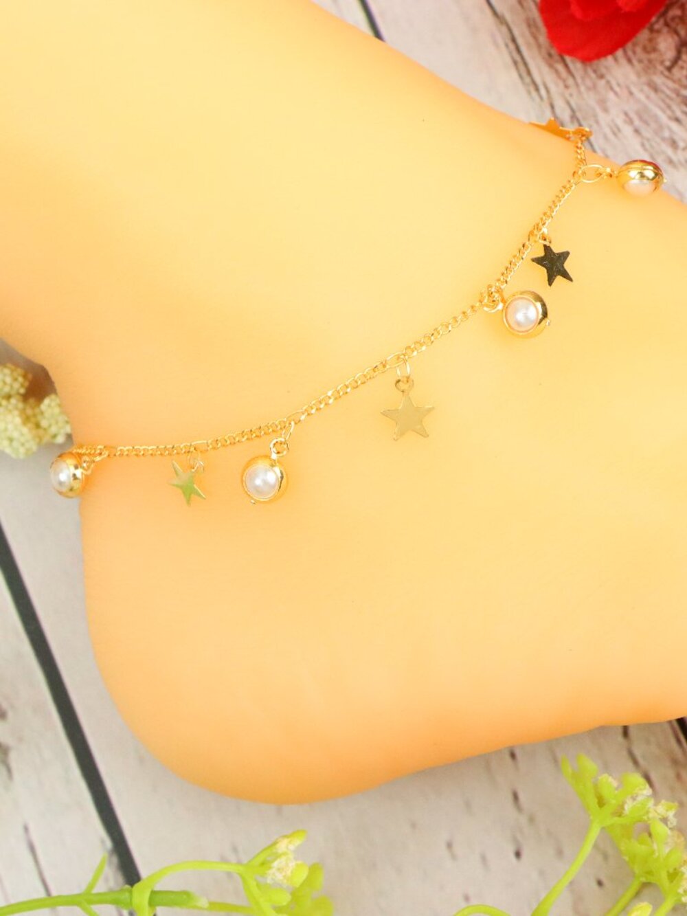 Gold Color Star Dangle Anklet, Pearl Celestial Charm Quality Jewelry | WALRCN113